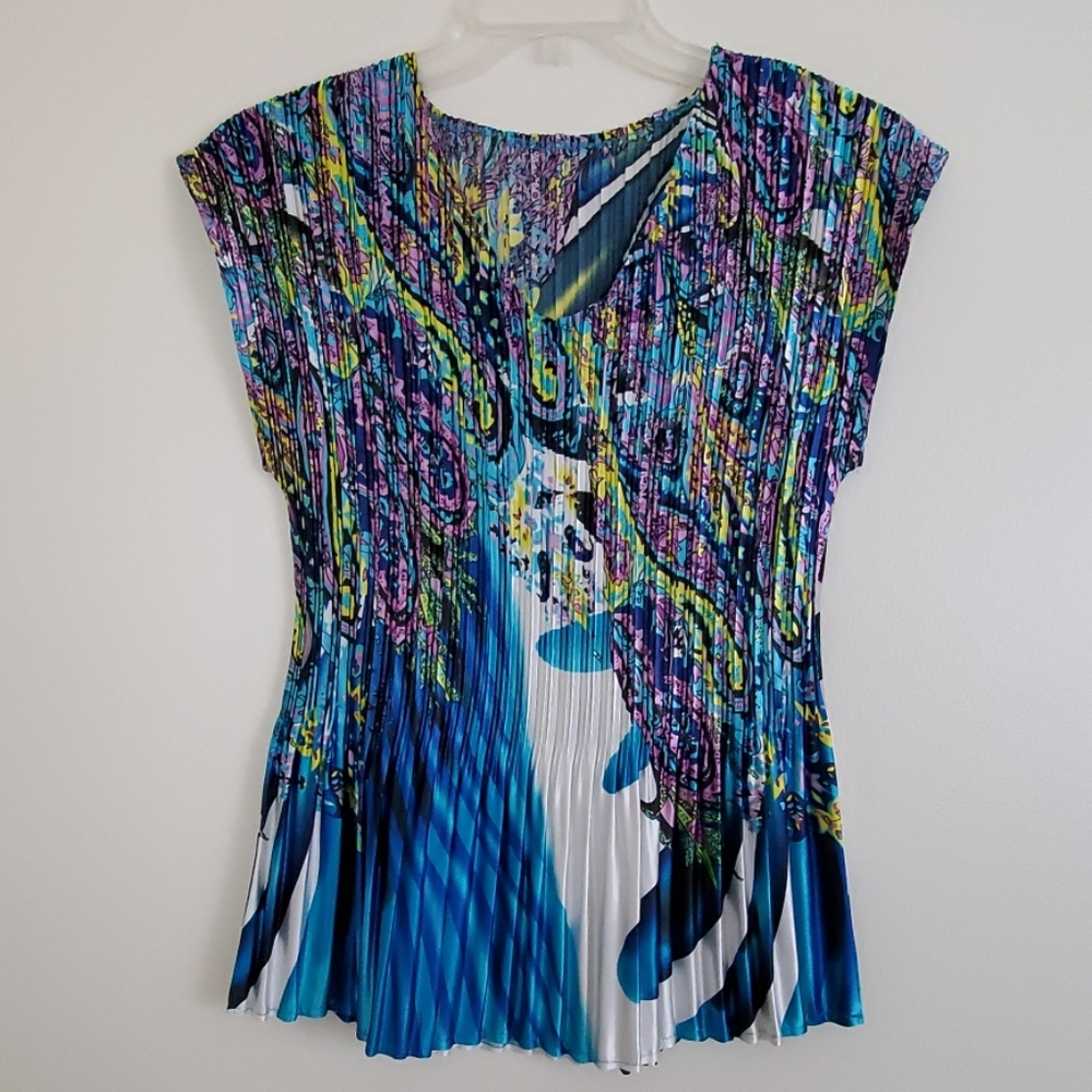 Unbranded Artsy Blue, Green & White Print Cap Sleeve Top M - Picture 1 of 7